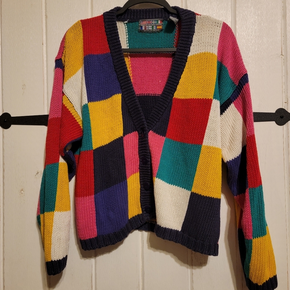 Paris Sport Club World Wide Womens Cardigan Colorful Patchwork Knit Size Medium